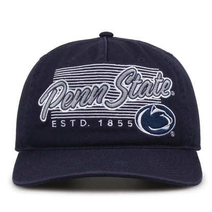 Penn State Nittany Lions Original Heritage Script Snapback in navy, front view showing embroidered school script