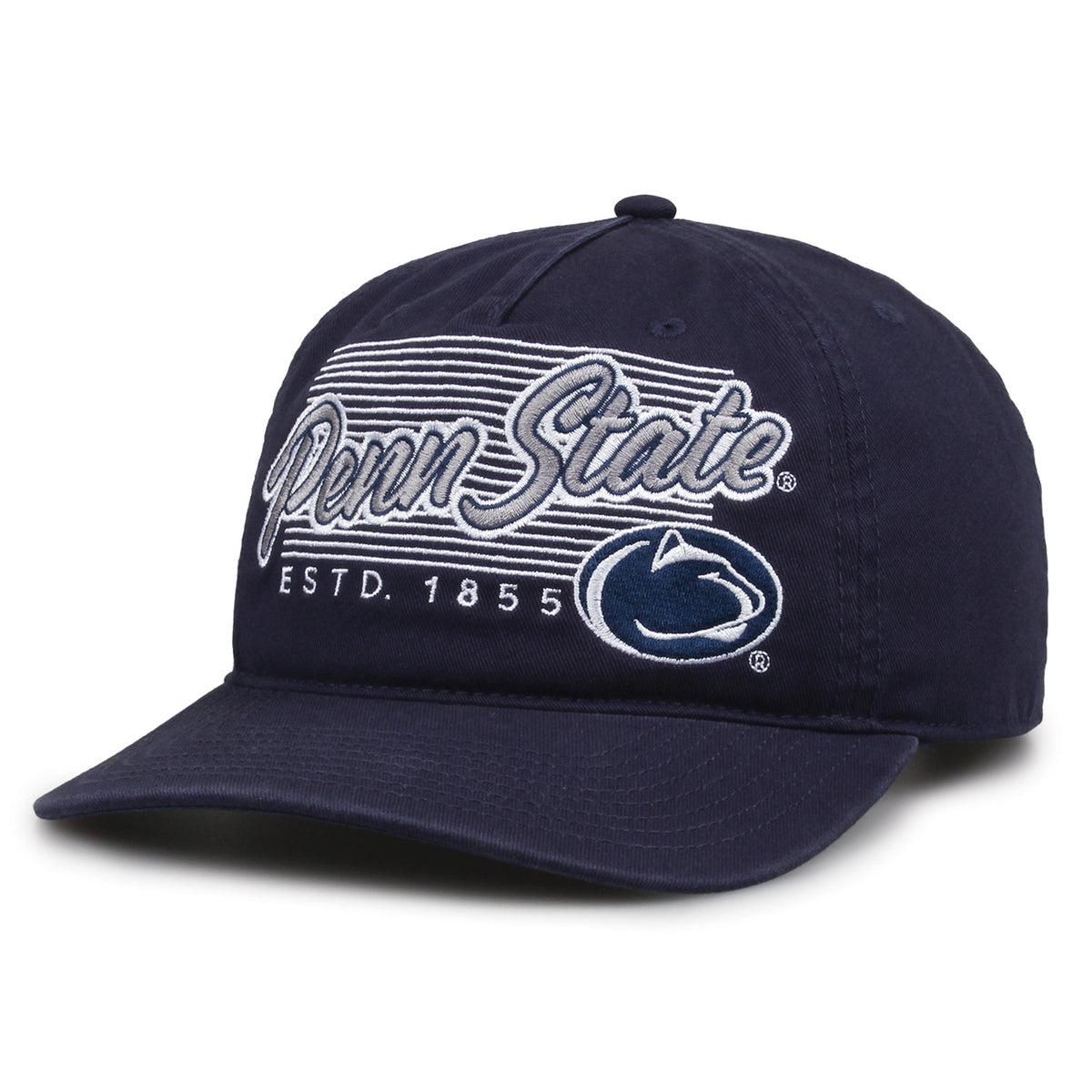 Penn State Nittany Lions Original Heritage Script Snapback in navy, angled front view showing matching crown and brim