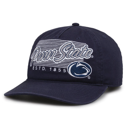 Penn State Nittany Lions Original Heritage Script Snapback in navy, angled front view showing matching crown and brim
