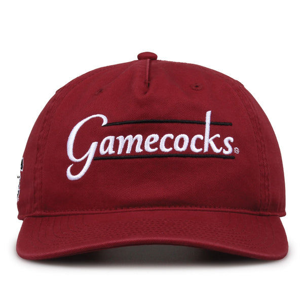 South Carolina Gamecocks Original Heritage Bar Snapback in cardinal, front view of embroidered school script and bar design