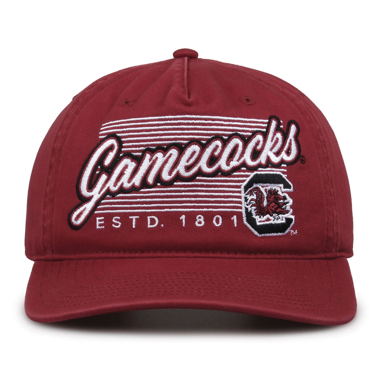 South Carolina Gamecocks Original Heritage Script Snapback in cardinal, front view showing embroidered school script