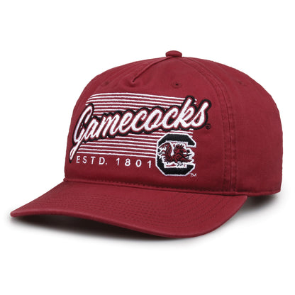 South Carolina Gamecocks Original Heritage Script Snapback in cardinal, angled front view showing matching crown and brim