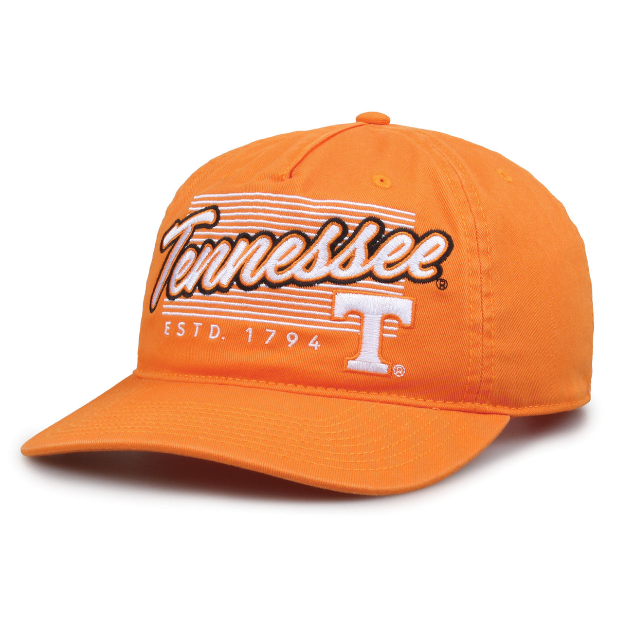 Tennessee Volunteers Original Heritage Script Snapback in tennessee orange, angled front view showing matching crown and brim