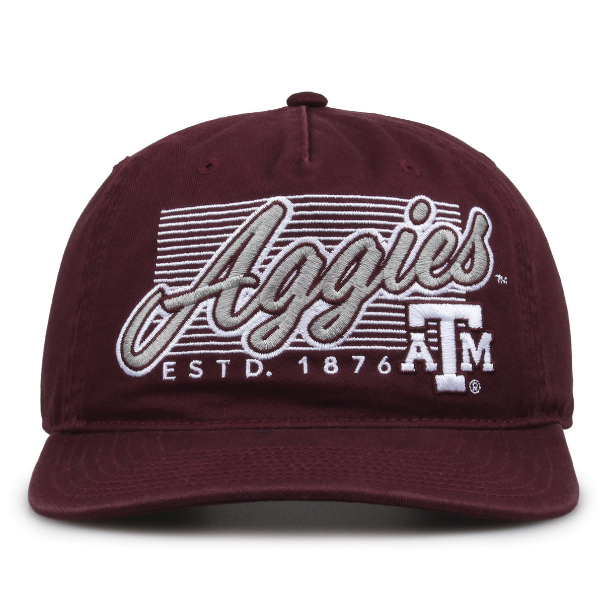 Texas A&M Aggies Original Heritage Script Snapback in dark maroon, front view showing embroidered school script