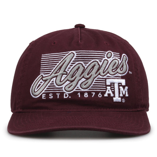 Texas A&M Aggies Original Heritage Script Snapback in dark maroon, front view showing embroidered school script