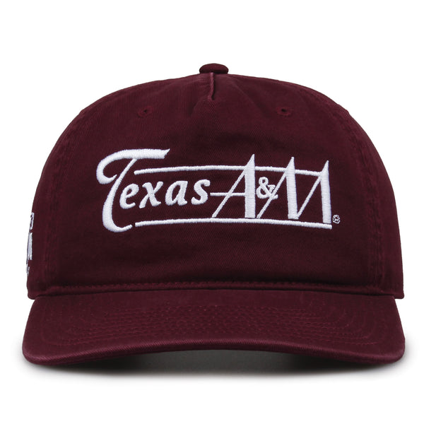 Texas A&M Aggies Original Heritage Bar Snapback in dark maroon, front view of embroidered school script and bar design