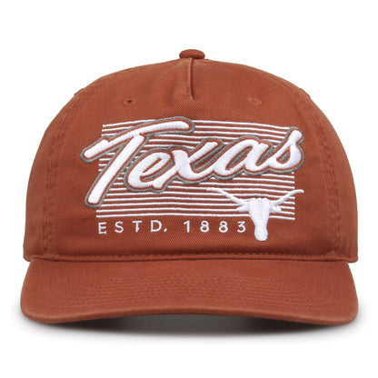Texas Longhorns Original Heritage Script Snapback in texas orange, front view showing embroidered school script