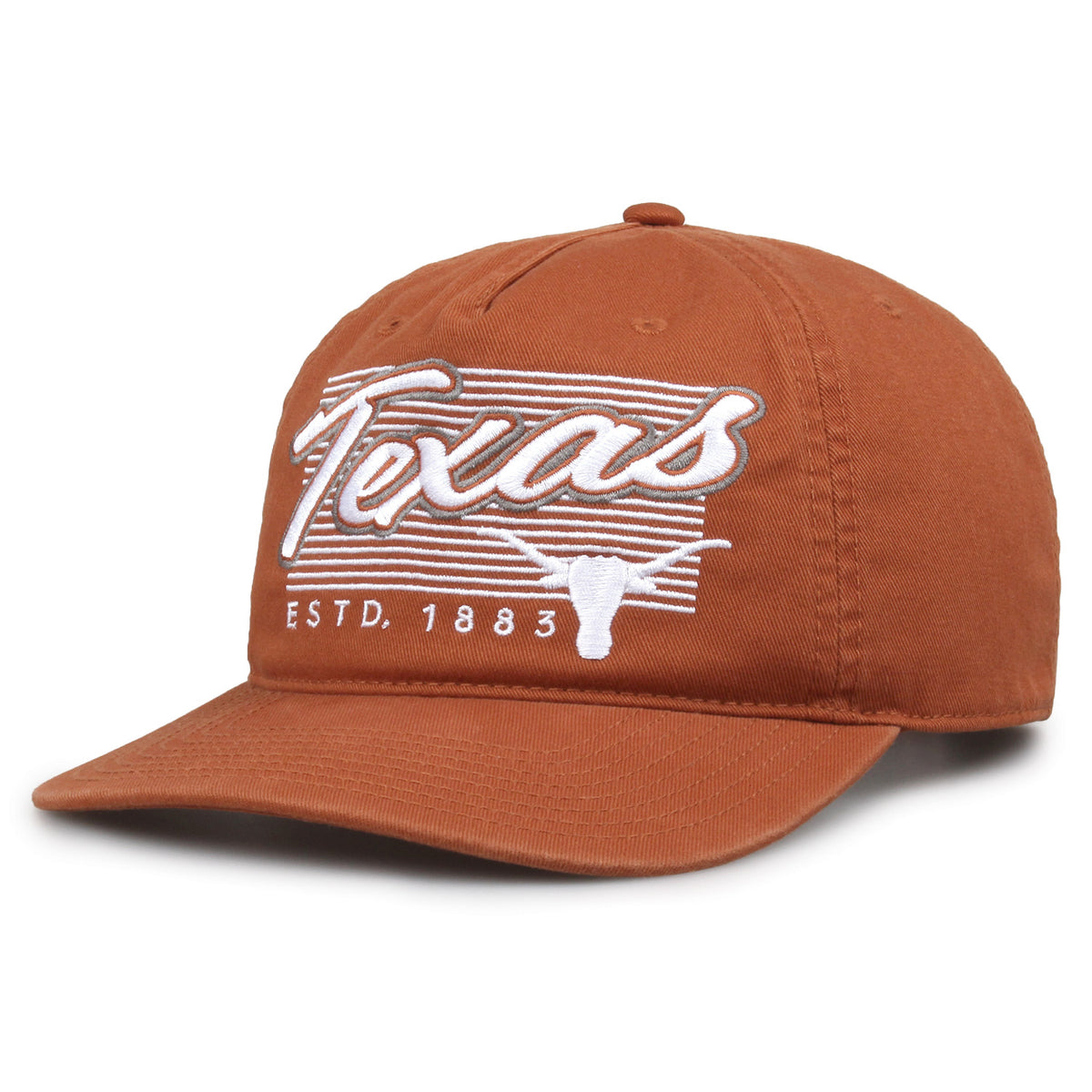 Texas Longhorns Original Heritage Script Snapback in texas orange, angled front view showing matching crown and brim