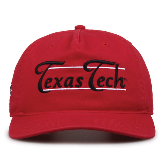 Texas Tech Red Raiders Original Heritage Bar Snapback in red, front view of embroidered school script and bar design