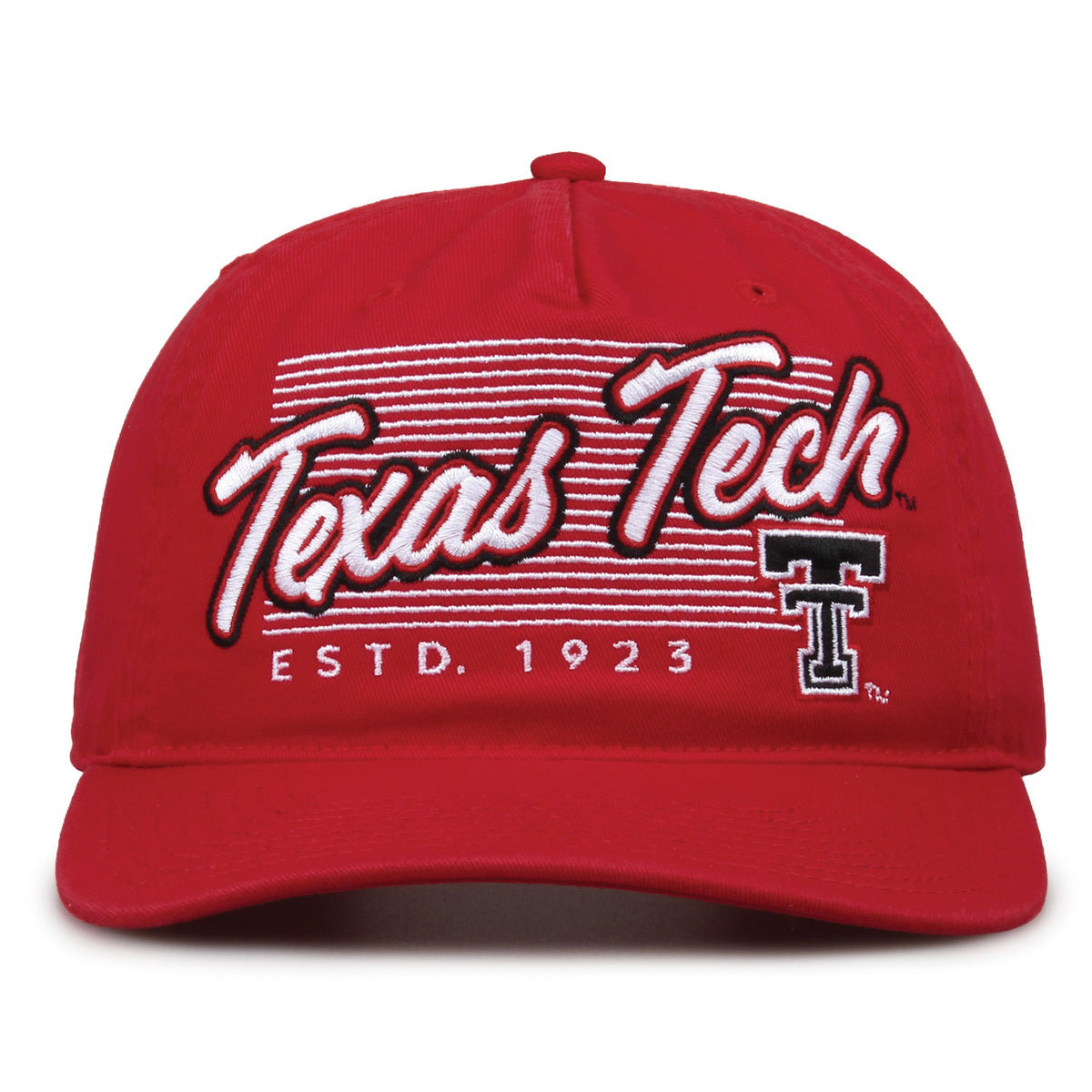 Texas Tech Red Raiders Original Heritage Script Snapback in red, front view showing embroidered school script