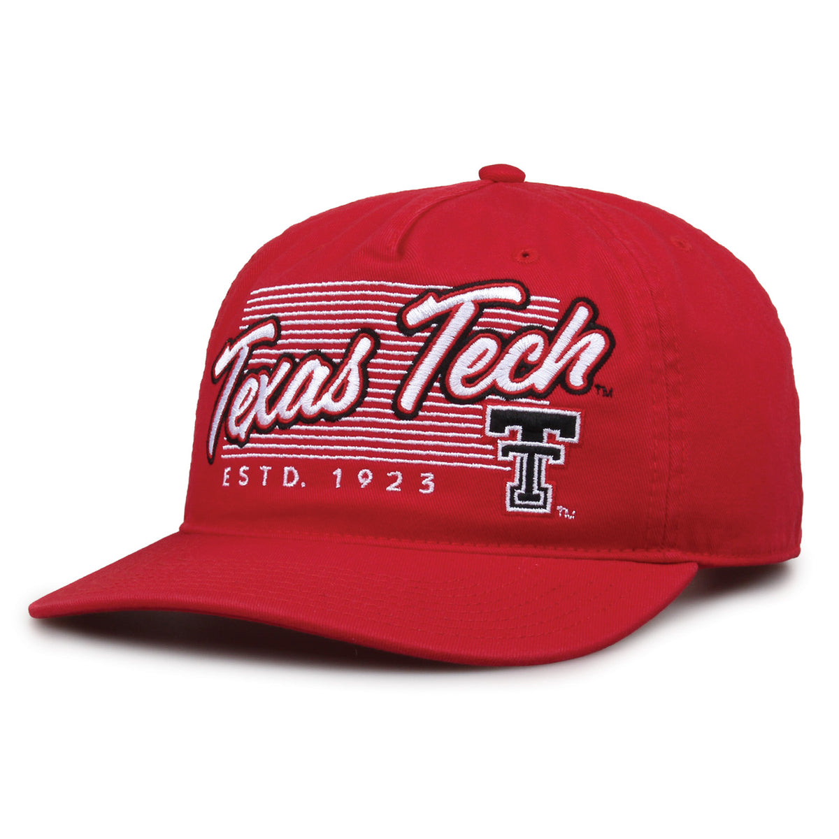 Texas Tech Red Raiders Original Heritage Script Snapback in red, angled front view showing matching crown and brim