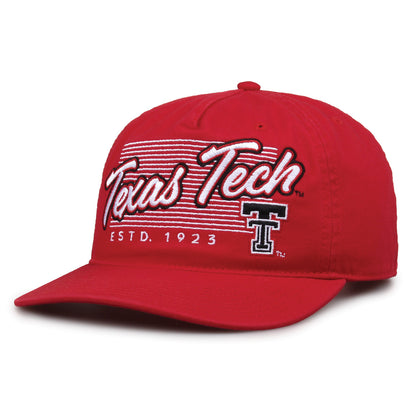 Texas Tech Red Raiders Original Heritage Script Snapback in red, angled front view showing matching crown and brim