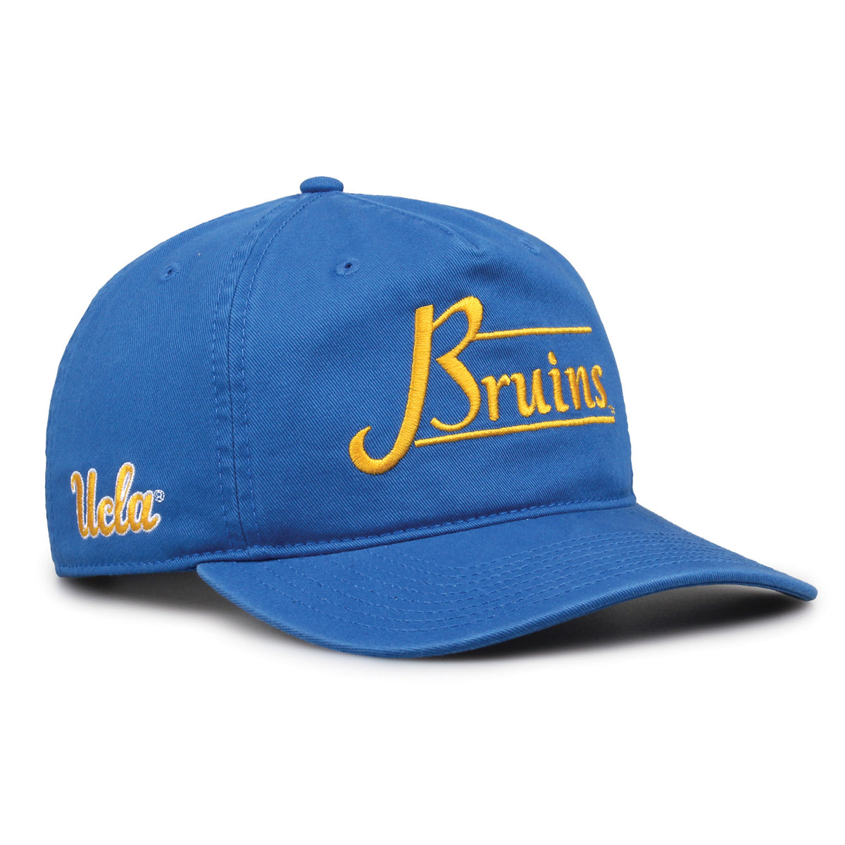 UCLA Bruins Original Heritage Bar Snapback in la blue, angled view showing matching crown and brim