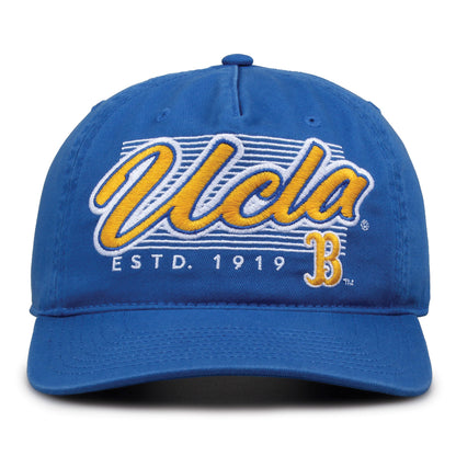UCLA Bruins Original Heritage Script Snapback in la blue, front view showing embroidered school script