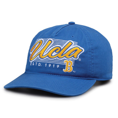 UCLA Bruins Original Heritage Script Snapback in la blue, angled front view showing matching crown and brim