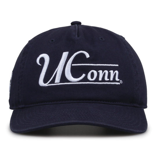 UConn Huskies Original Heritage Bar Snapback in navy, front view of embroidered school script and bar design