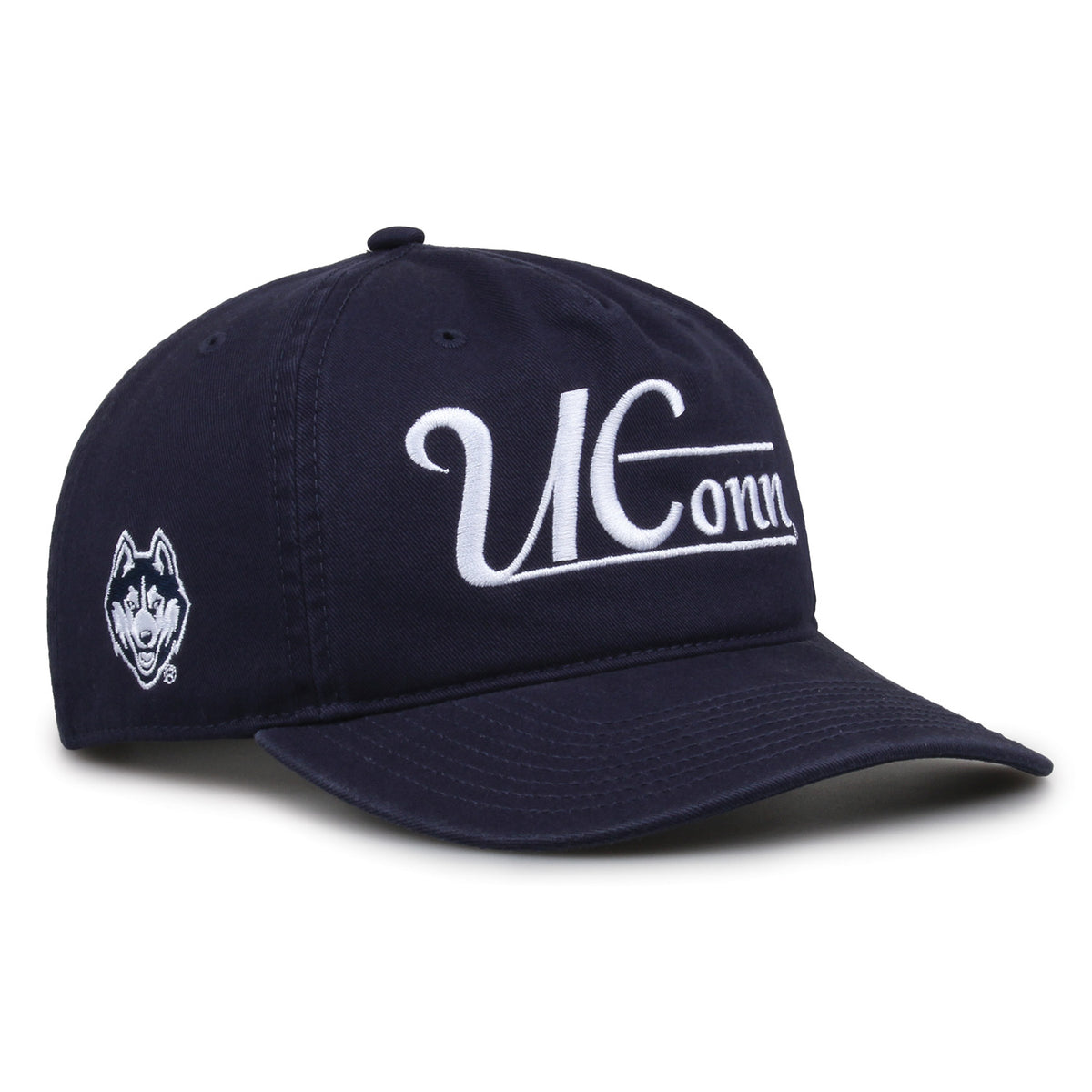 UConn Huskies Original Heritage Bar Snapback in navy, angled view showing matching crown and brim