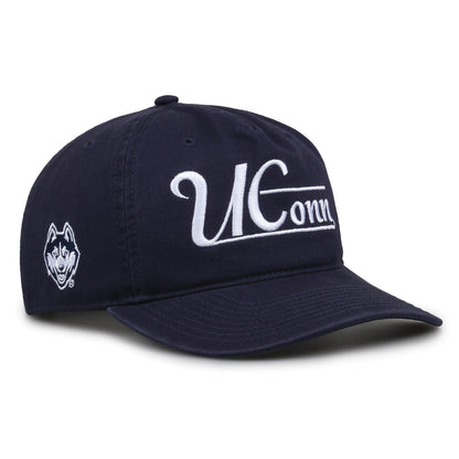UConn Huskies Original Heritage Bar Snapback in navy, angled view showing matching crown and brim