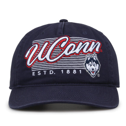 UConn Huskies Original Heritage Script Snapback in navy, front view showing embroidered school script