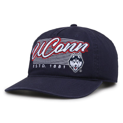 UConn Huskies Original Heritage Script Snapback in navy, angled front view showing matching crown and brim