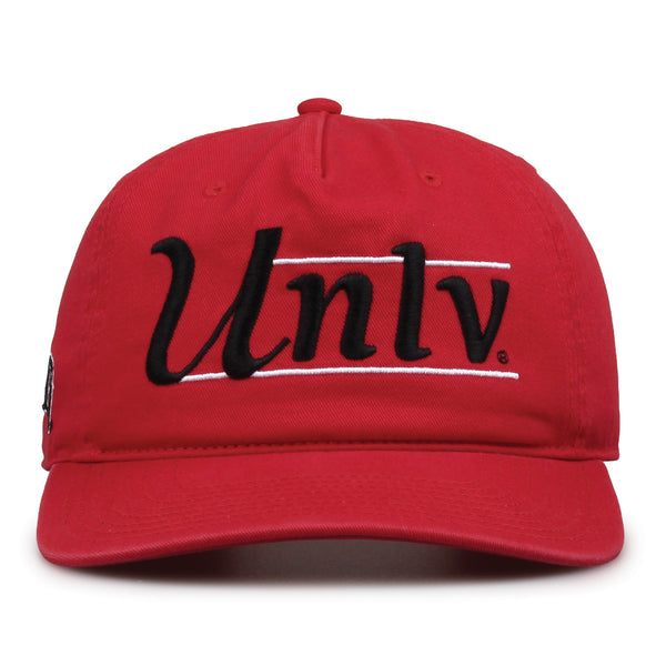 UNLV Rebels Original Heritage Bar Snapback in red, front view of embroidered school script and bar design