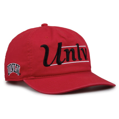 UNLV Rebels Original Heritage Bar Snapback in red, angled view showing matching crown and brim