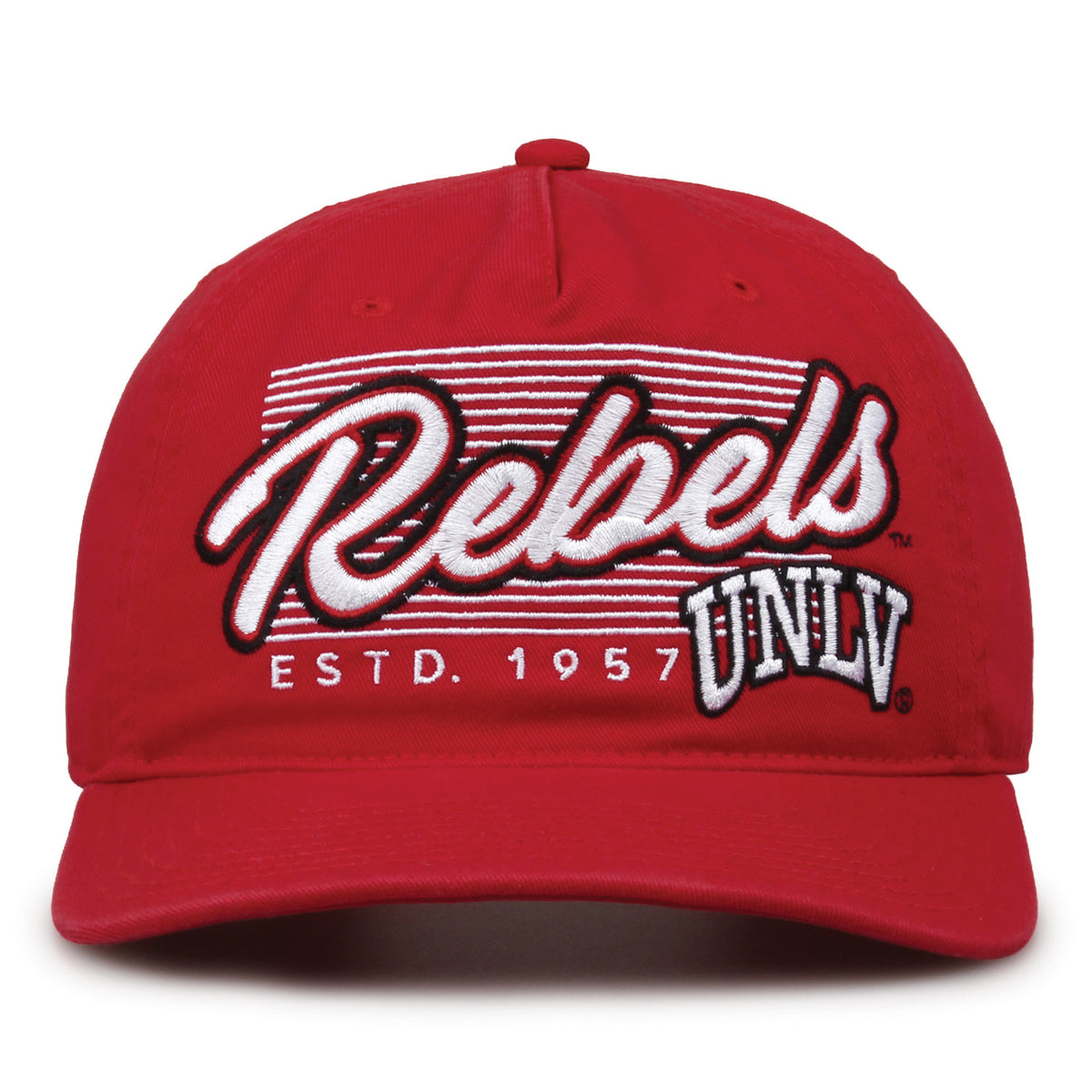 UNLV Rebels Original Heritage Script Snapback in red, front view showing embroidered school script