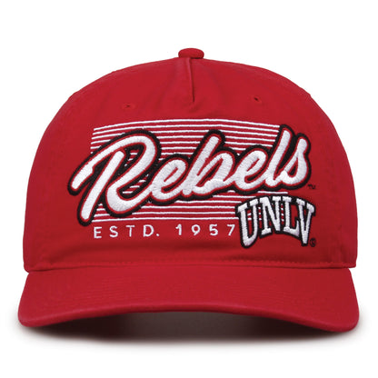 UNLV Rebels Original Heritage Script Snapback in red, front view showing embroidered school script