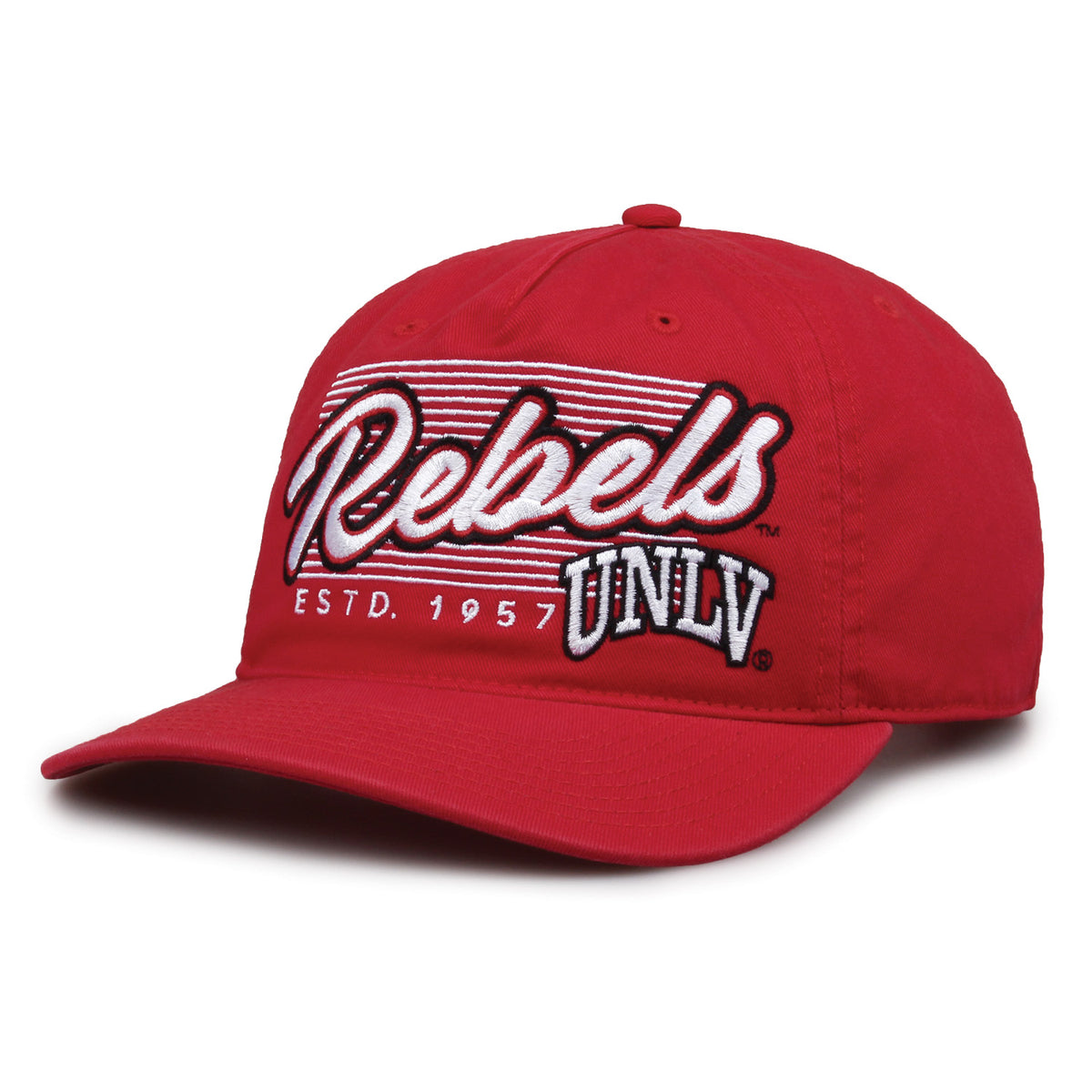 UNLV Rebels Original Heritage Script Snapback in red, angled front view showing matching crown and brim