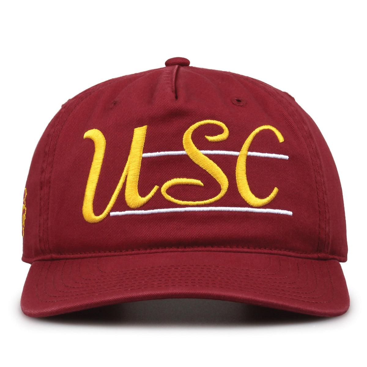 USC Trojans Original Heritage Bar Snapback in cardinal, front view of embroidered school script and bar design