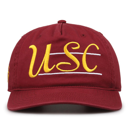 USC Trojans Original Heritage Bar Snapback in cardinal, front view of embroidered school script and bar design