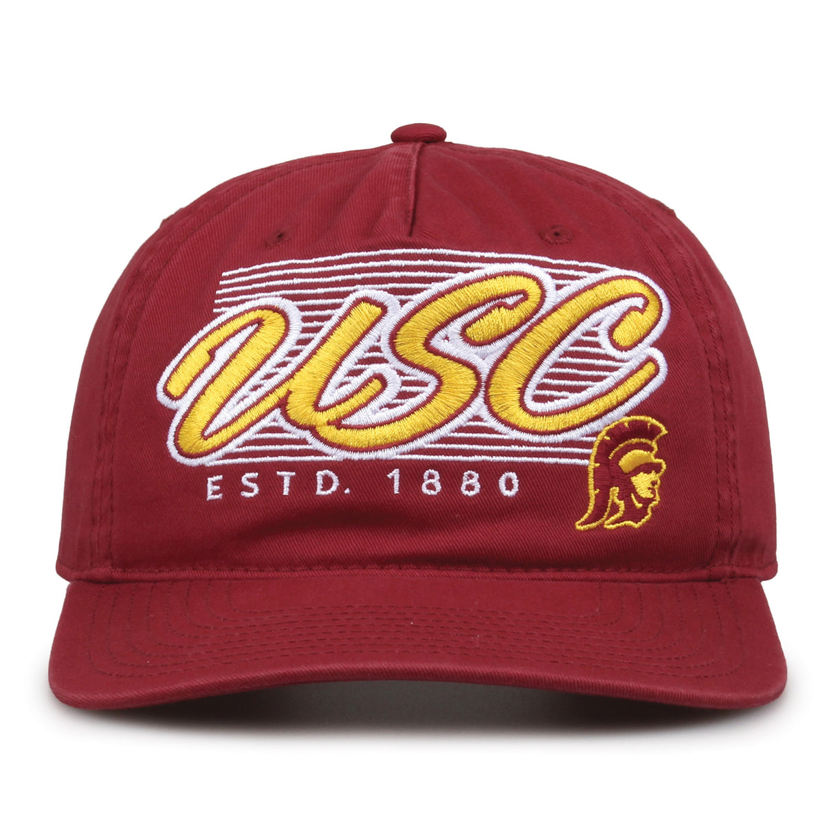 USC Trojans Original Heritage Script Snapback in cardinal, front view showing embroidered school script