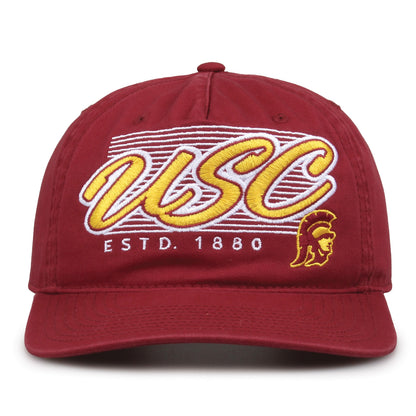 USC Trojans Original Heritage Script Snapback in cardinal, front view showing embroidered school script