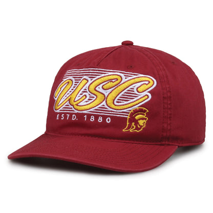 USC Trojans Original Heritage Script Snapback in cardinal, angled front view showing matching crown and brim