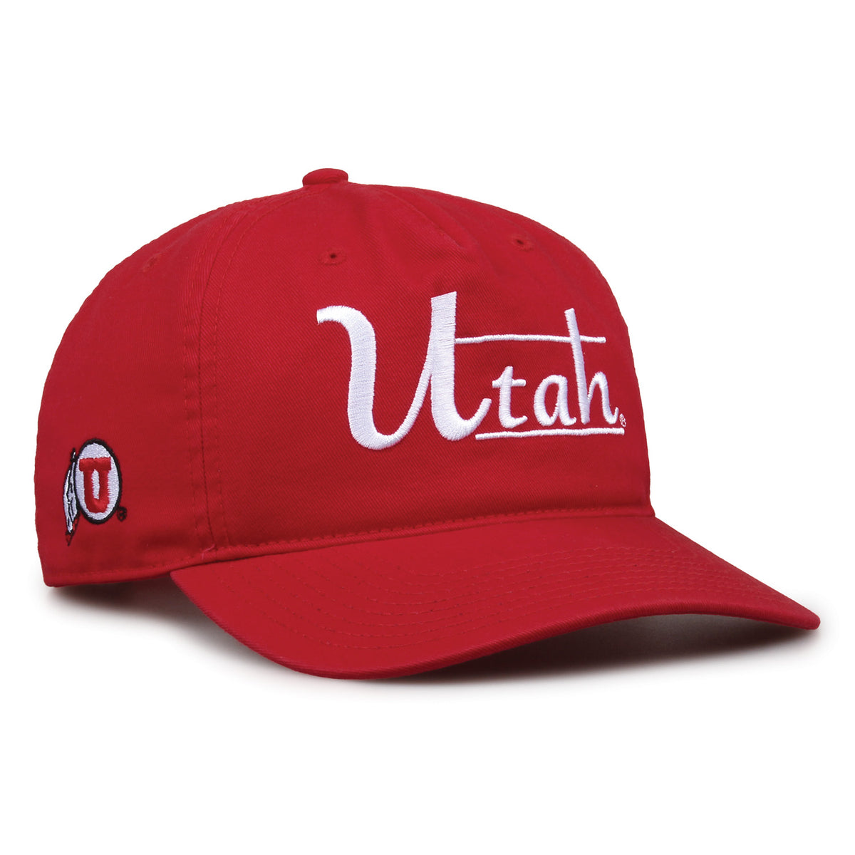 Utah Utes Original Heritage Bar Snapback in red, angled view showing matching crown and brim