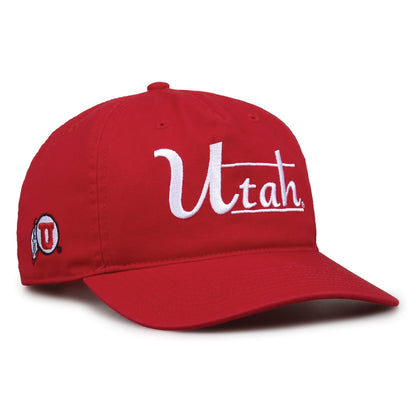 Utah Utes Original Heritage Bar Snapback in red, angled view showing matching crown and brim