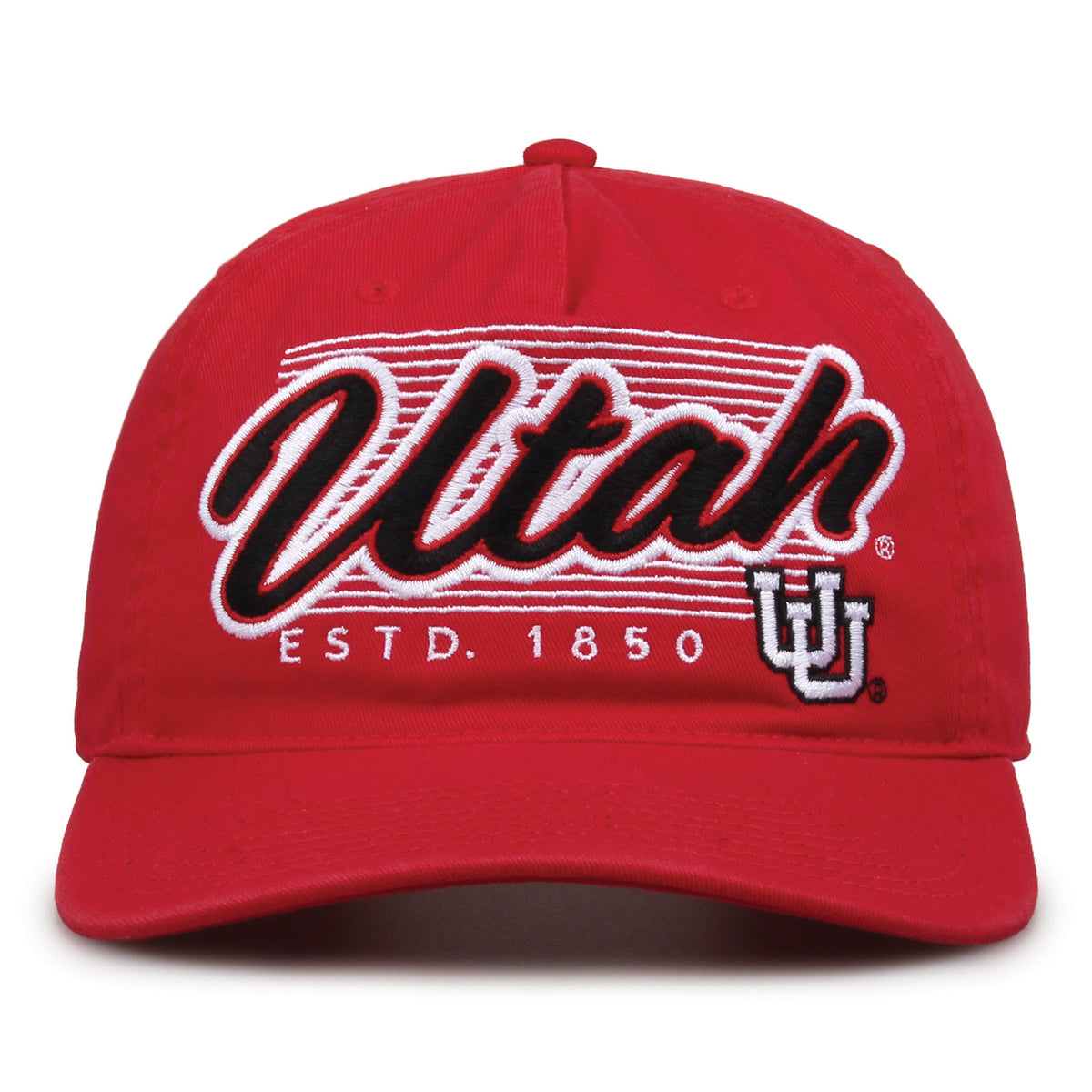 Utah Utes Original Heritage Script Snapback in red, front view showing embroidered school script