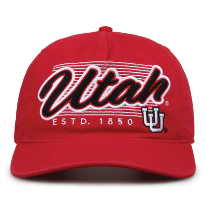 Utah Utes Original Heritage Script Snapback in red, front view showing embroidered school script