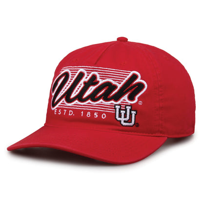 Utah Utes Original Heritage Script Snapback in red, angled front view showing matching crown and brim