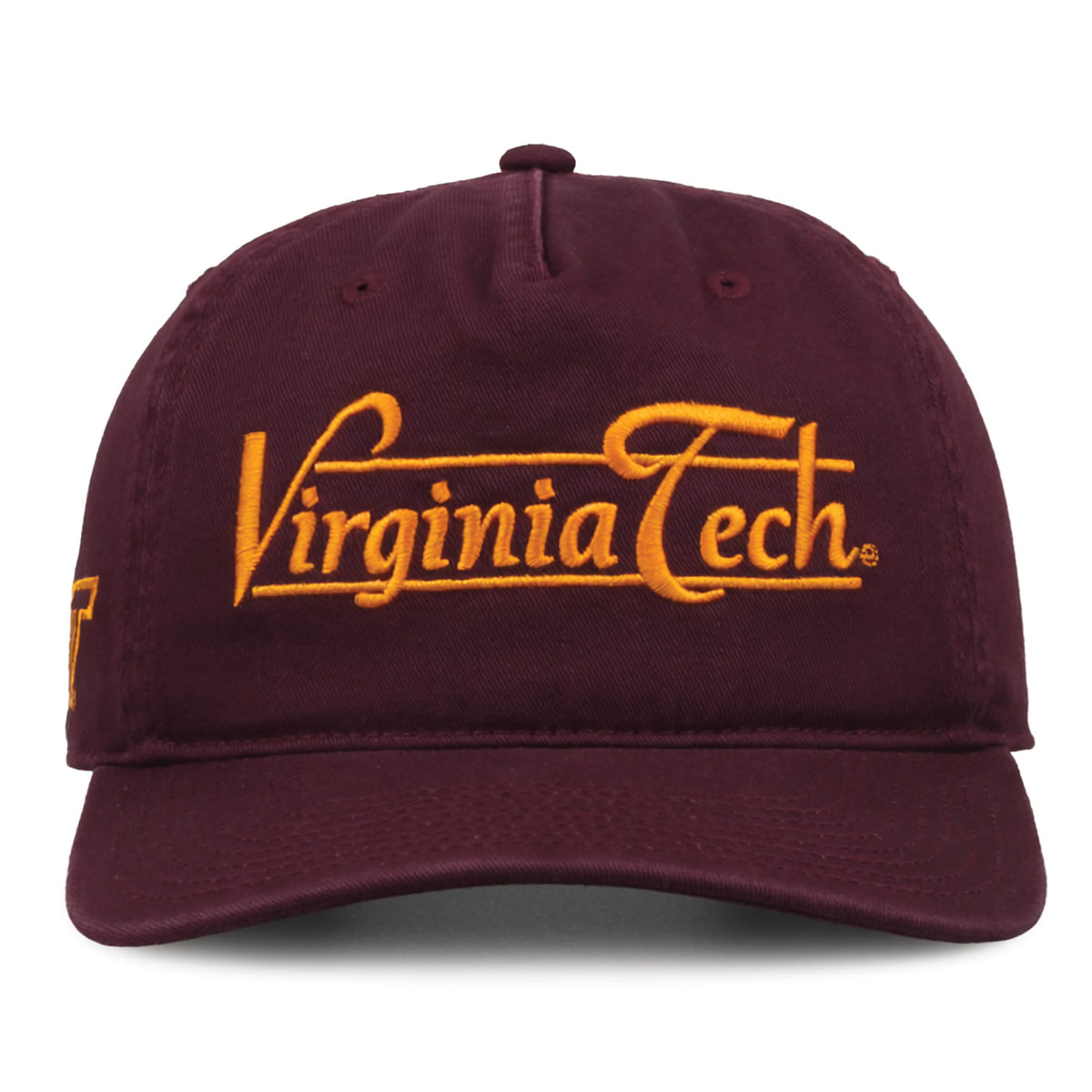 Virginia Tech Hokies Original Heritage Bar Snapback in dark maroon, front view of embroidered school script and bar design