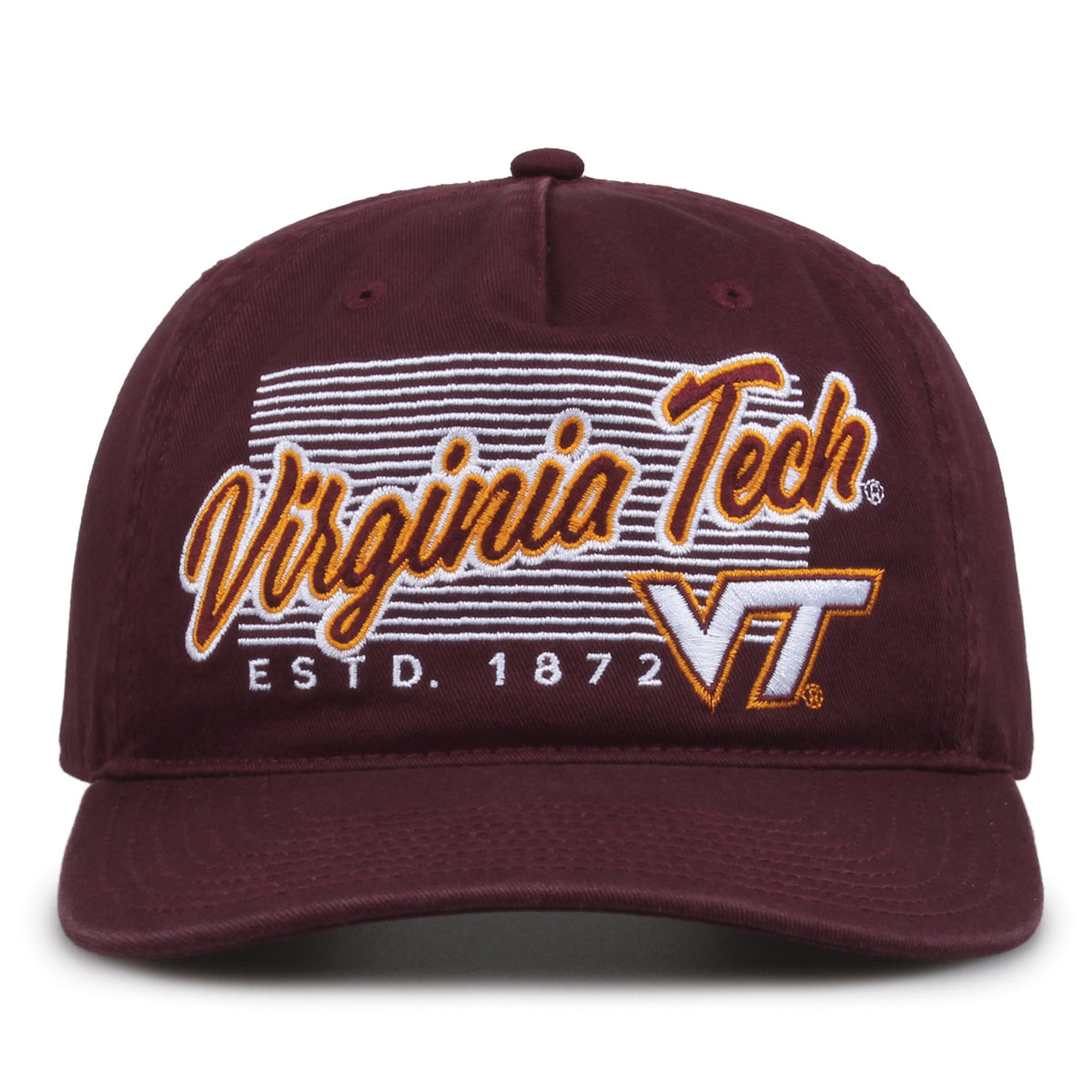 Virginia Tech Hokies Original Heritage Script Snapback in dark maroon, front view showing embroidered school script