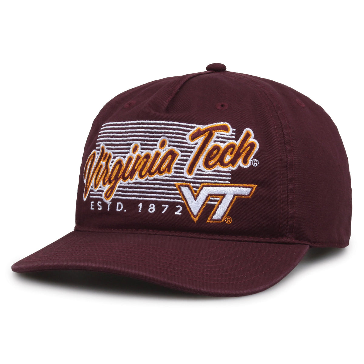 Virginia Tech Hokies Original Heritage Script Snapback in dark maroon, angled front view showing matching crown and brim