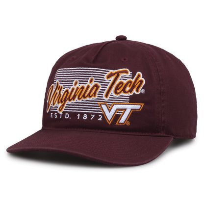 Virginia Tech Hokies Original Heritage Script Snapback in dark maroon, angled front view showing matching crown and brim