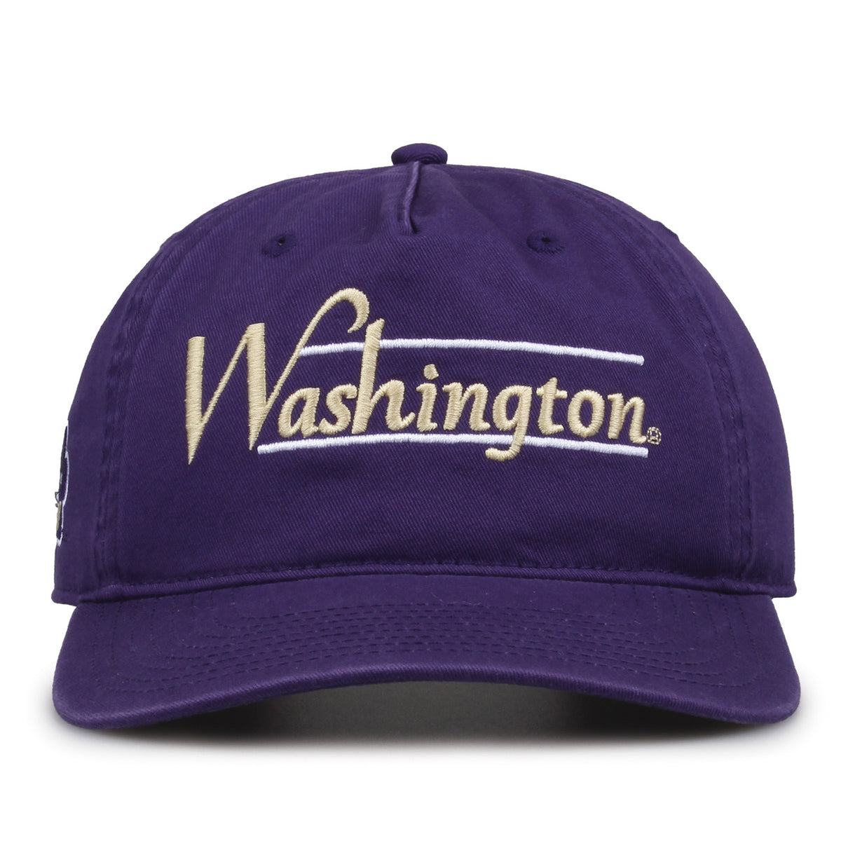 Washington Huskies Original Heritage Bar Snapback in purple, front view of embroidered school script and bar design
