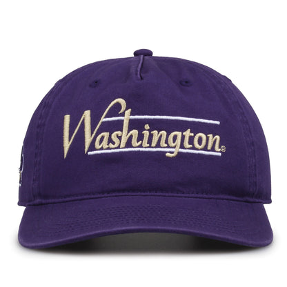 Washington Huskies Original Heritage Bar Snapback in purple, front view of embroidered school script and bar design