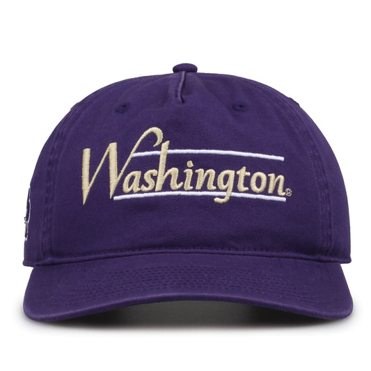 Washington Huskies Original Heritage Bar Snapback in purple, front view of embroidered school script and bar design