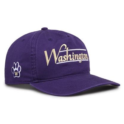 Washington Huskies Original Heritage Bar Snapback in purple, angled view showing matching crown and brim