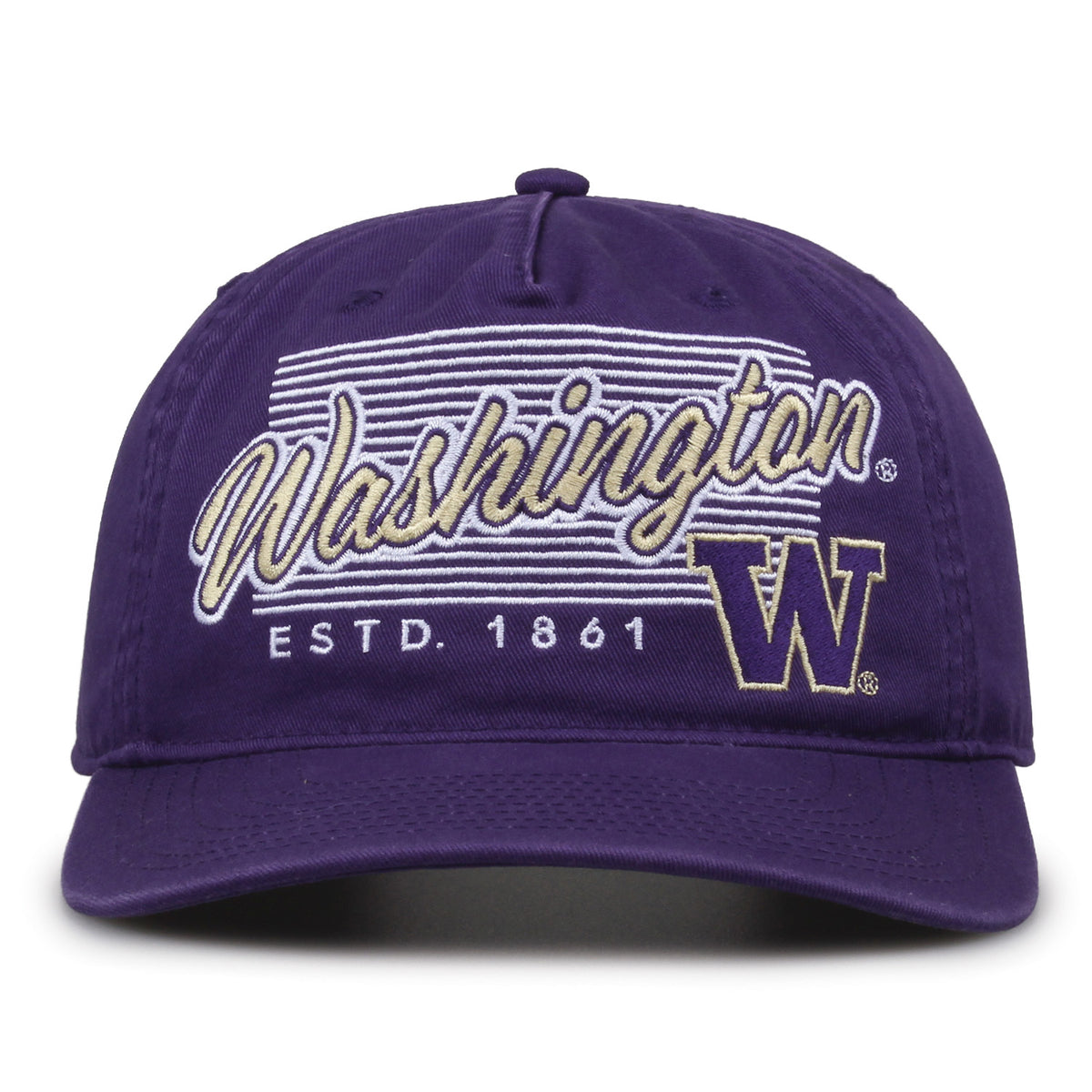 Washington Huskies Original Heritage Script Snapback in purple, front view showing embroidered school script