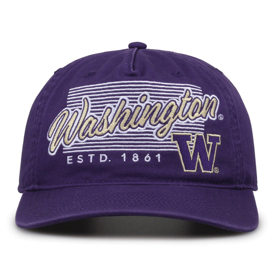 Washington Huskies Original Heritage Script Snapback in purple, front view showing embroidered school script