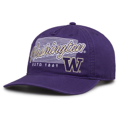 Washington Huskies Original Heritage Script Snapback in purple, angled front view showing matching crown and brim